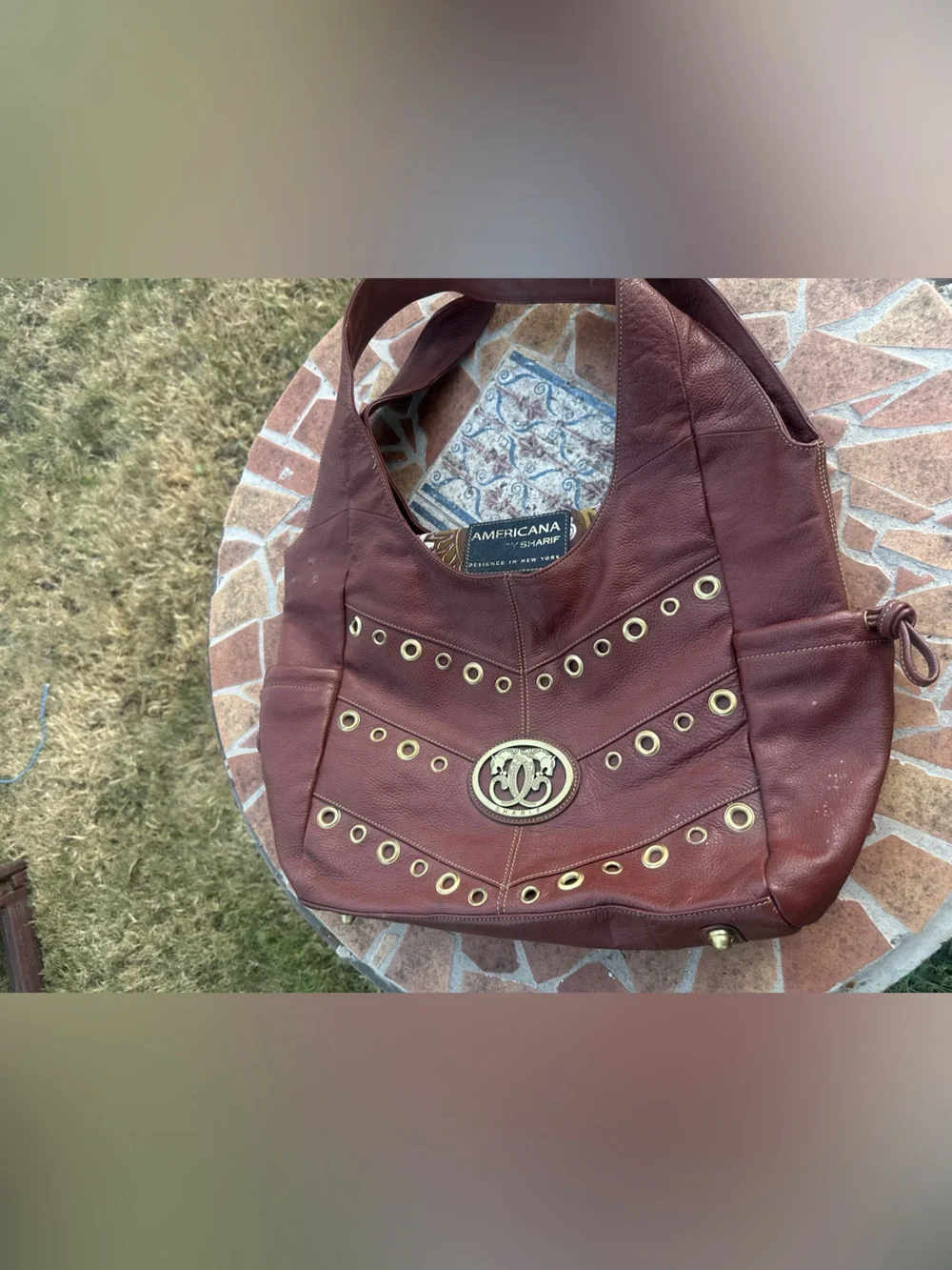 Sharif Vintage Brown Leather Shoulder Bag Medallion Brass Grommets Boho
